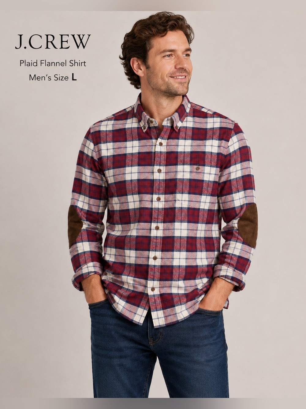 J. CREW Men's Red Plaid flannel Shirt with Elbow Patches/size L